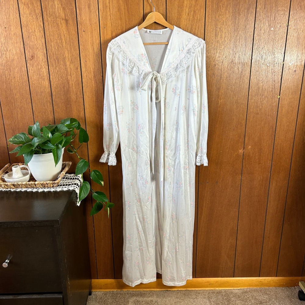 VANDEMERE‎ Womens Long Sleeve Floral Lace Trim Nightgown Robe Loungewear Cream